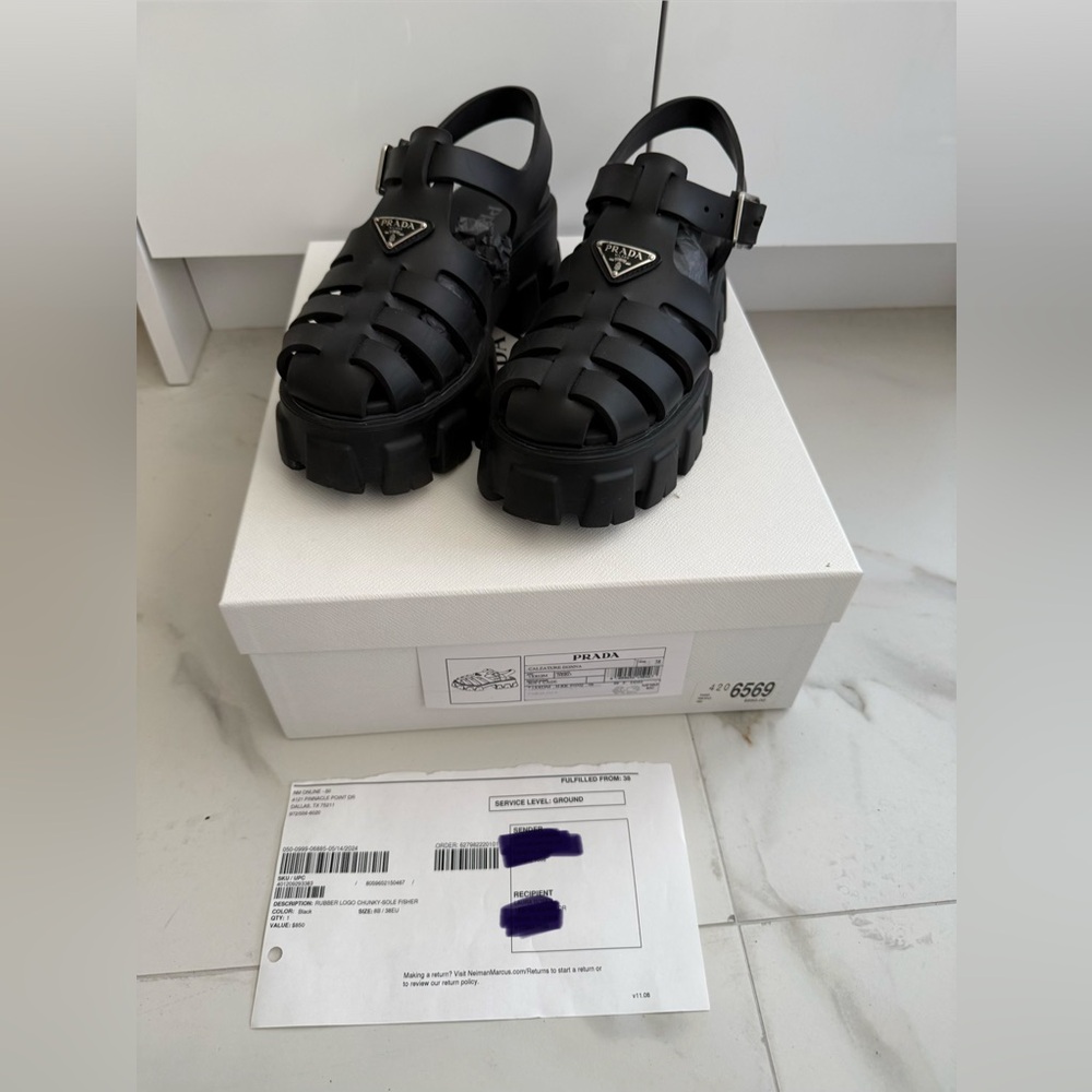 Prada Monolith Rubber Women Black Fisherman Sandals Size 38 w Receipt